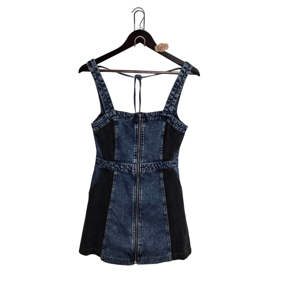 Mustard Seed Washed Denim Dress Two Tone Blue Black Zip Front Mini Size S NEW
